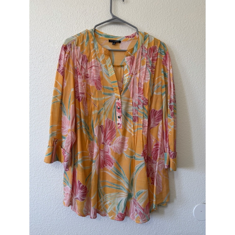Ava & Grace 1X Floral Blouse Tropical Rayon 3/4 Sleeve Boho Orange Summer Resort - Picture 2 of 15